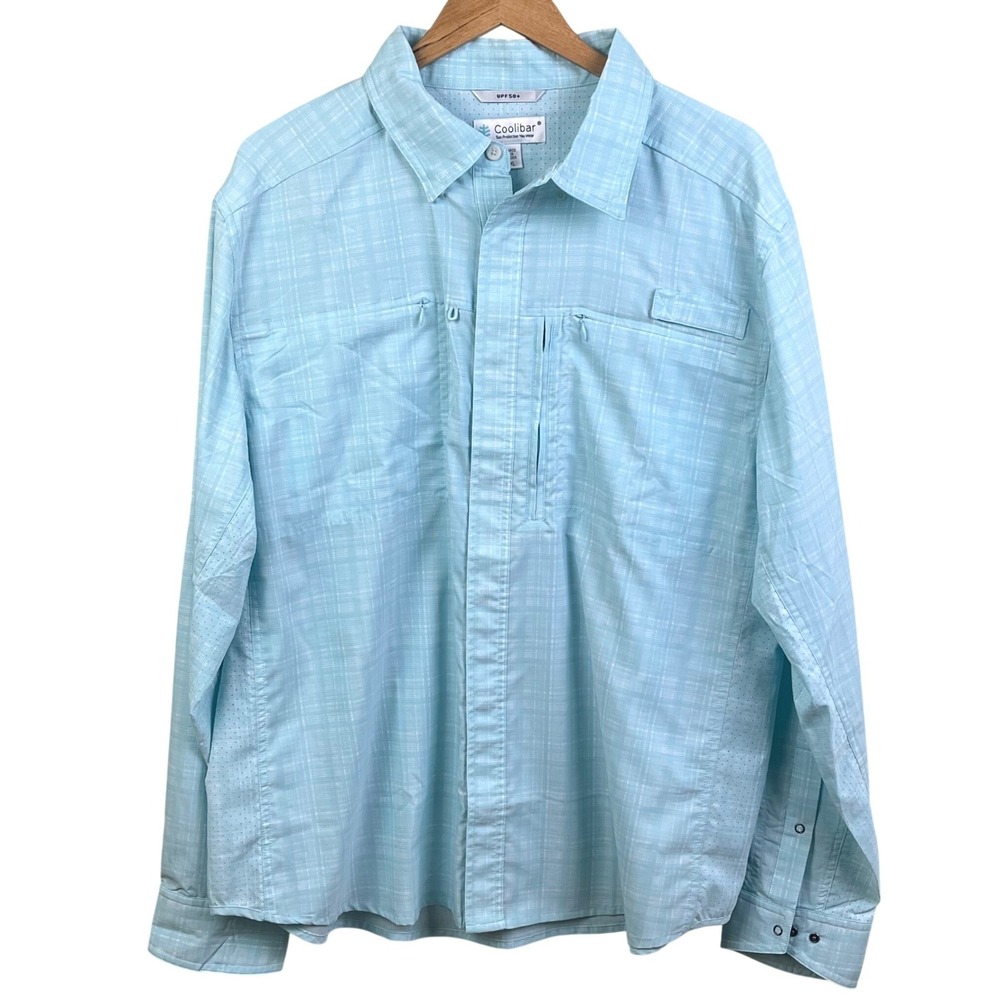 Coolibar Aqua Baraco Fishing Shirt XL UPF 50+ Sun Protector Long Sleeve Snap